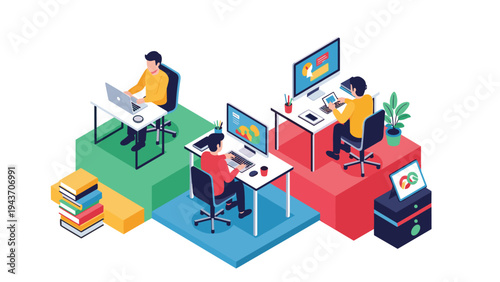Isometric illustration of a modern workspace with several professionals working on computers at desks on colorful tiered platforms.