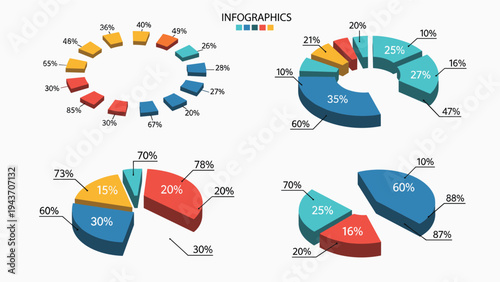 Set of four three dimensional pie charts and donut charts for business infographics and data visualization reports.