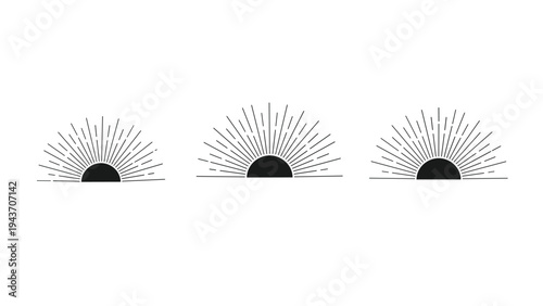Three stylized black icons of a rising sun on the horizon with long radiating rays for nature and logo design.