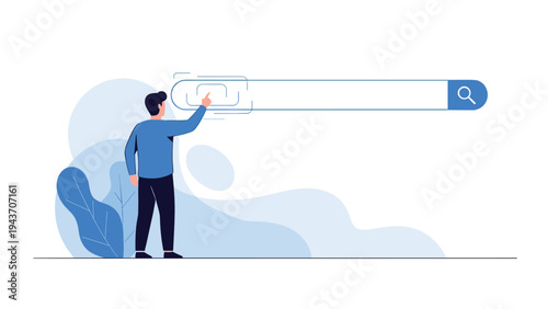 Concept of web browsing with a person interacting with a giant search bar interface on a blue abstract background.