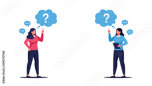 Two women standing and thinking with question marks in speech bubbles above their heads, representing problem solving and curiosity.