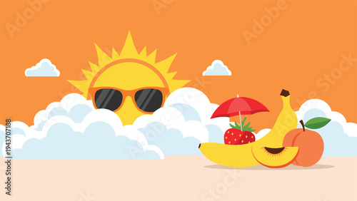 Sunny summer background with a cartoon sun wearing sunglasses, fluffy clouds, and a selection of fresh fruits like bananas and strawberries.
