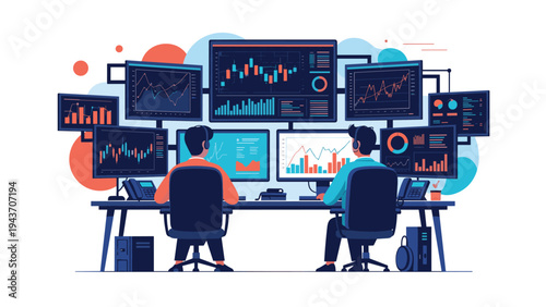 Financial traders analyzing multiple computer screens with stock market charts and data visualizations in a modern office control center.