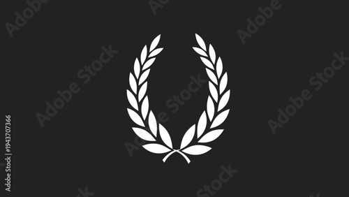 White Laurel Wreath Symbol on Black Background.