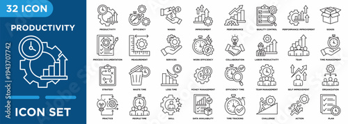 Productivity line icon set featuring business performance, work efficiency, time management, teamwork, planning, strategy, and process improvement.