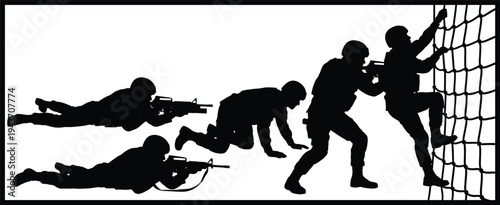 Silhouette illustration of four soldiers in training and tactical movement positions including crawling, crouching, and climbing, symbolizing military exercise, discipline, and combat readiness design