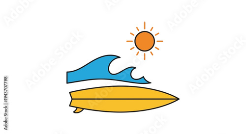 Vector surfboard icon with wave and sun