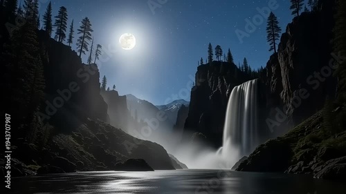 moonlit waterfall in mountains