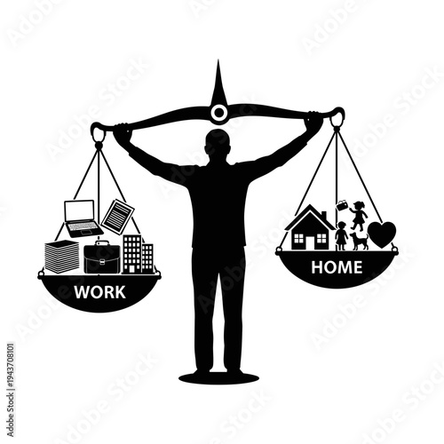 black silhouette of a person balancing work and home on scales symbolizing work-life balance harmony concept  