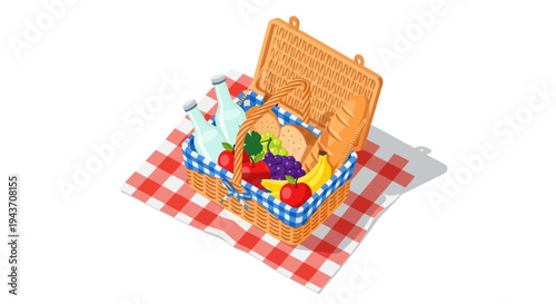 Vector picnic basket with food on red and white checkered blanket