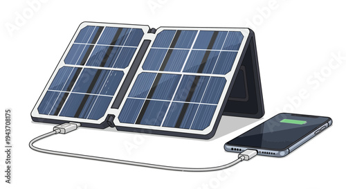 Vector illustration of portable solar panel charger with smartphone