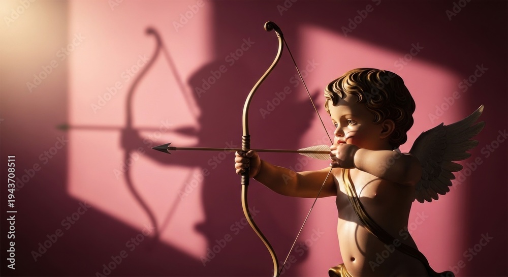 Obraz premium Statue of a cherubic figure aiming a bow and arrow against a pink wall