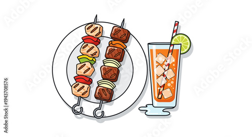 Vector illustration of skewered meat on plate with drink