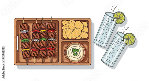 Vector illustration of skewered meat, chips, and dip with drinks