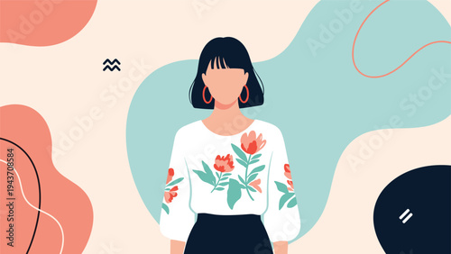 Stylish woman with a black bob haircut wearing a floral blouse in front of a pastel abstract background with organic shapes.