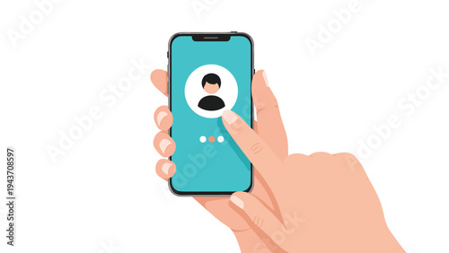 Person holding a smartphone with a user profile login screen displaying a generic avatar and a teal interface background.