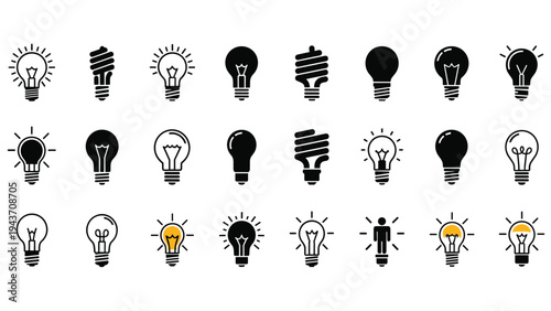 Large collection of light bulb icons in multiple styles including standard, energy-saving, and human-shaped filaments.