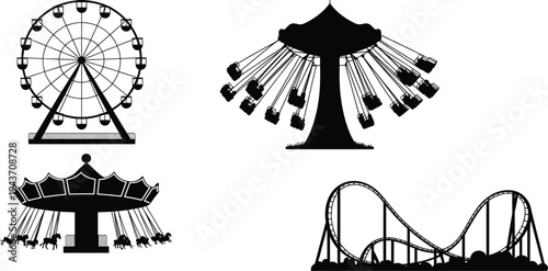Amusement park rides silhouette set featuring ferris wheel, swing ride, carousel and roller coaster isolated theme park vector illustration