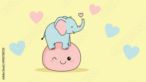 Cute cartoon illustration of a blue baby elephant balancing on a large pink ball surrounded by soft heart shapes.