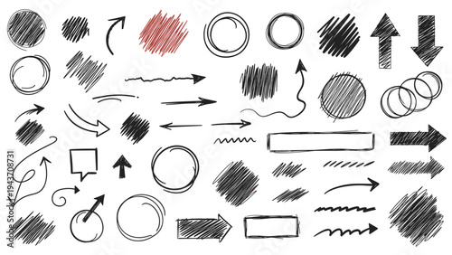 Extensive set of hand-drawn scribbles, arrows, circles, and geometric shapes in black and red for creative annotations.