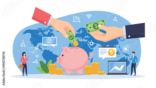 Financial concept illustration showing people saving money into a large pink piggy bank over a world map background with various icons.
