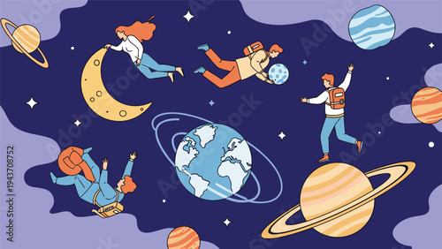 Diverse people floating through outer space among colorful planets and stars in a whimsical flat vector illustration style.