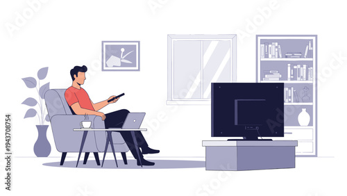 Relaxed man sitting on a comfortable armchair in a modern living room while watching television and holding a remote control.