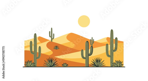 Desert landscape illustration with cacti and sand dunes