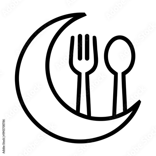 Crescent Moon with Spoon and Fork Iftar Symbol Line Icon