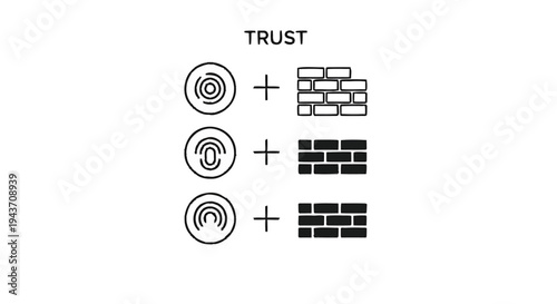 Trust building blocks concept with fingerprint and brick symbols.