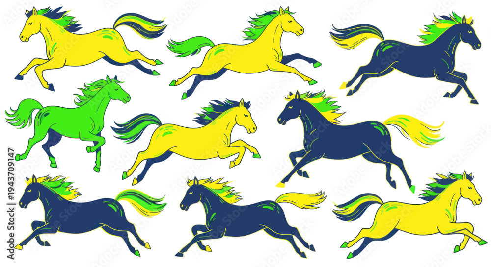 Obraz premium Colorful Horses Running Galloping Herd Dynamic Motion Graphic Illustration