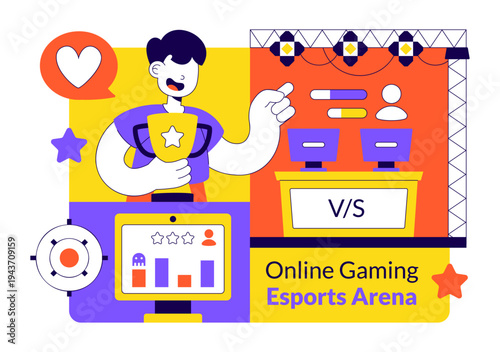 Online Gaming Esports Arena Vector Illustration With Live Streaming Tournament, Competitive Gamers, Digital Game Championship Event Background