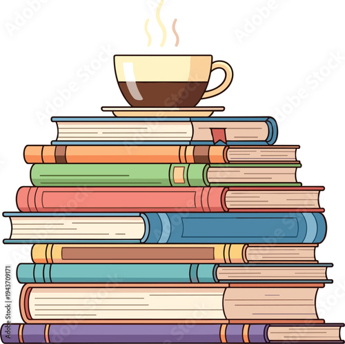 Stack of books with coffee cup on top, cozy reading and study concept vector illustration for education, library and learning design