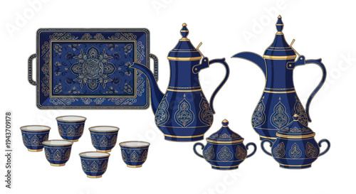Elegant Arabic Coffee Set: Dallah, Cups, Sugar Bowl, and Tray in Blue and Gold