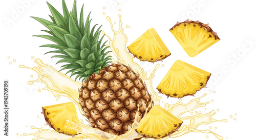 Fresh Pineapple Slices Splashing Juice Isolated on White Background