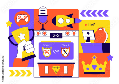 Online Gaming Esports Arena Vector Illustration With Live Streaming Tournament, Competitive Gamers, Digital Game Championship Event Background