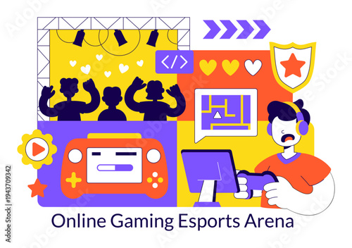 Online Gaming Esports Arena Vector Illustration With Live Streaming Tournament, Competitive Gamers, Digital Game Championship Event Background