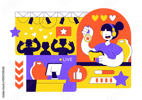 Online Gaming Esports Arena Vector Illustration With Live Streaming Tournament, Competitive Gamers, Digital Game Championship Event Background