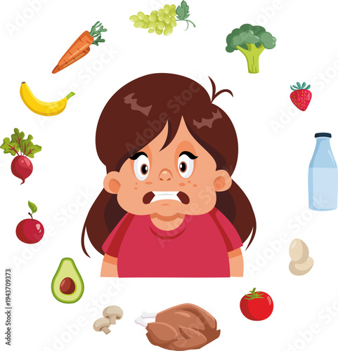 Overweight Child Stressed by a Healthy Lifestyle Vector Illustration. Little girl disliking all the natural and organic foods