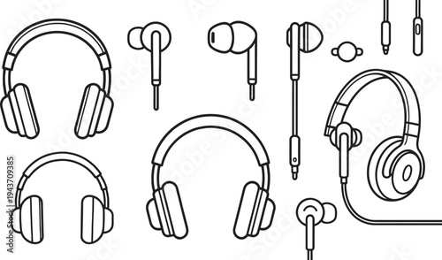 Set of 9 headphones and earbuds icons vector
