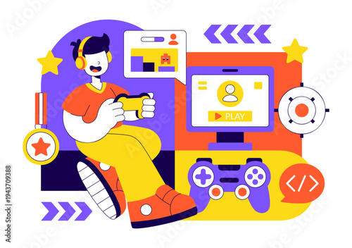 Online Gaming Esports Arena Vector Illustration With Live Streaming Tournament, Competitive Gamers, Digital Game Championship Event Background