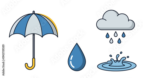 Flat illustration of a rainy weather scene with an umbrella, raincloud, raindrops, and puddle, conveying a rainy season atmosphere with a blue and white color palette.
