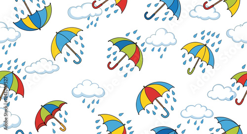 A flat illustration of a rainy weather scene with colorful umbrellas, rain clouds, and raindrops on a white background, conveying a cute and playful rainy season cartoon vector design.