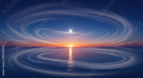 Sunset scene with ocean reflecting clouds and a full moon