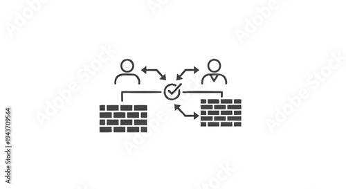 Two people communicating through a firewall with a checkmark in the middle.