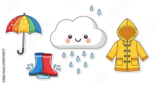 A cheerful flat illustration of a rainy day scene with a smiling cloud, umbrella, rain boots, and raincoat, conveying a cute and playful mood with a colorful palette.