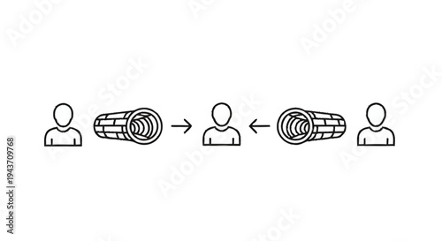 Two people communicating through a tunnel with arrows indicating direction.