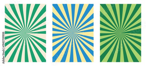 Vintage radial ray backgrounds. Retro comic book sunburst set. Flat vector circus poster templates. Decorative green and blue striped sun backdrop. EPS graphic element. 