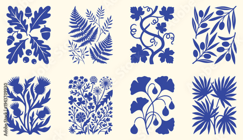Blue botanical linocut motif set. Oak, fern, grapevine, olive, thistle, dandelion, ginkgo and palm leaves. Vintage folk art stamp style on beige. Vector isolated illustration collection. 