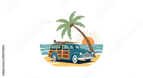 Vintage surf car at beach with palm tree and sunset illustration